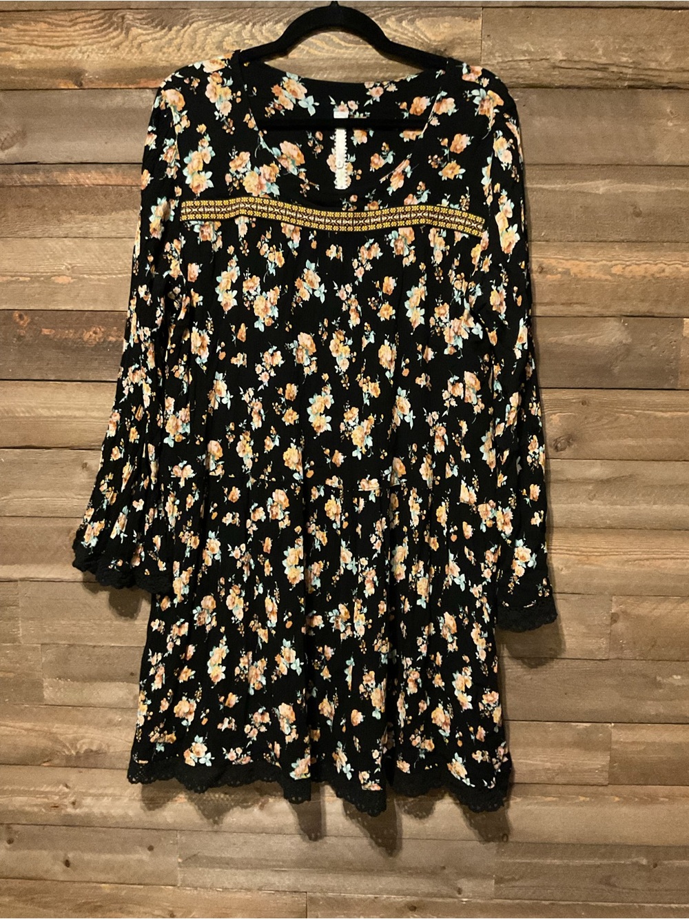 Uncle Frank Women’s Black Boho Swing Dress Yellow Pink Floral Print Size XL